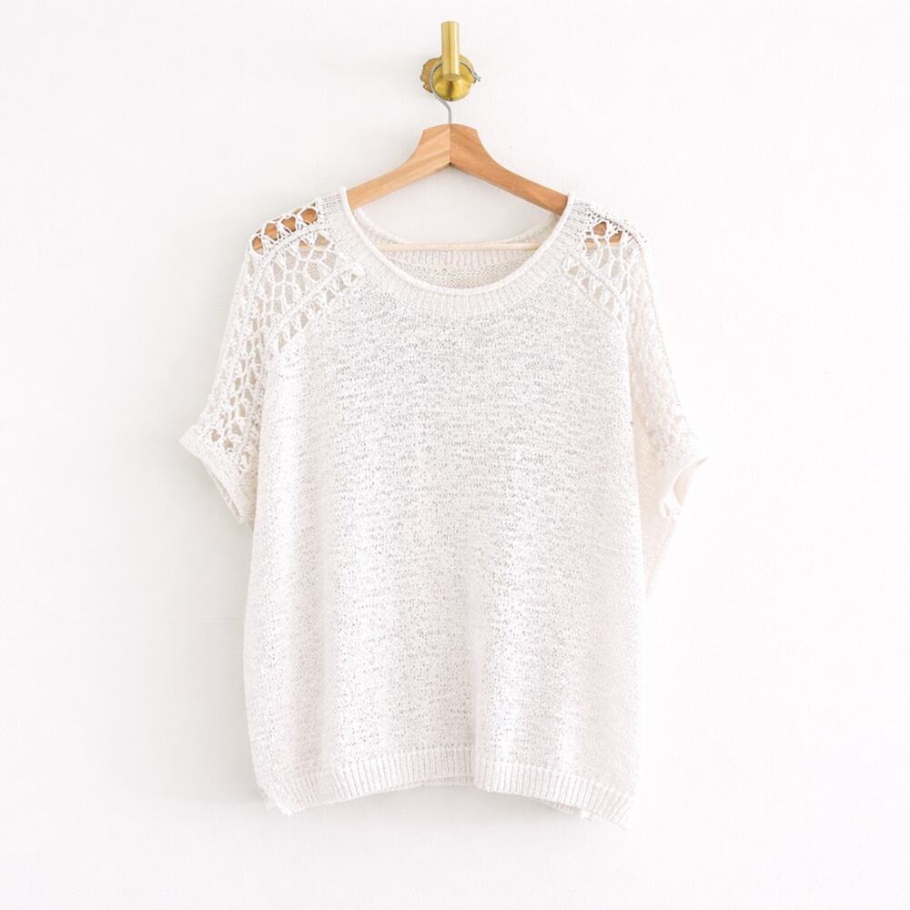 Anthropologie Moth Crochet Short Sleeve Knit Pullover Sweater Top White XS